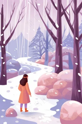 冬天下雪女孩走在森林的道路白雪紫粉色卡通插画背景