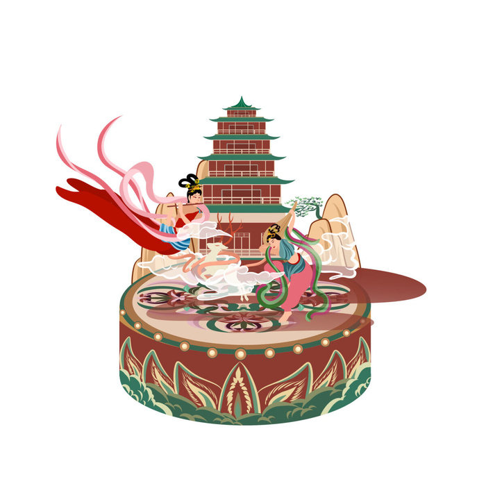 时尚微景观山水装饰庭院祥云中式国潮风插图插画元素素材设计模板psd模版下载