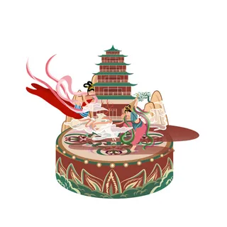 时尚微景观山水装饰庭院祥云中式国潮风插图插画元素素材设计模板