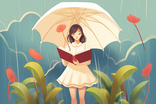 下雨天打伞的少女捧着书本绿植卡通插画素材