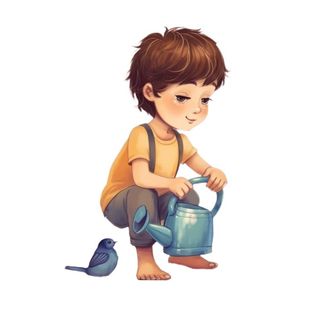 小男孩拿着水壶水桶浇水绿植草人物插画免抠