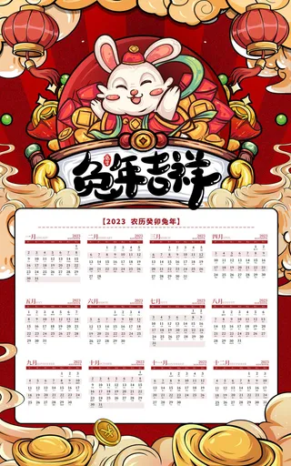 2023年兔年红色兔年吉祥日历样机