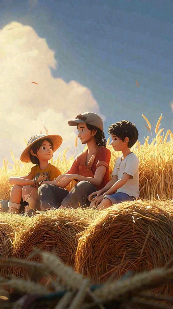 小麦田里秋天人物收割卡通，秋分白露(816x1456)