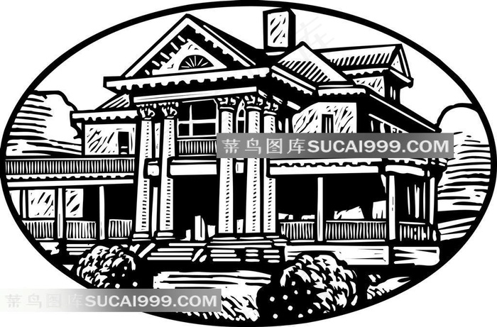 手绘别墅建筑插画素材