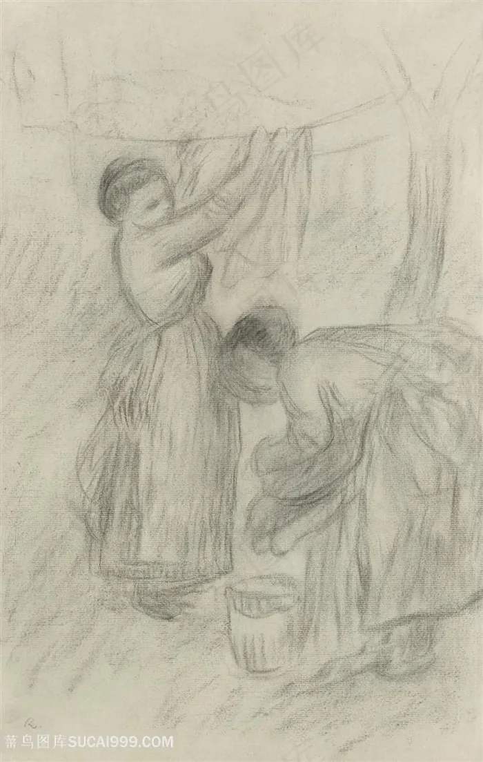 素描晾衣服的妇女装饰画