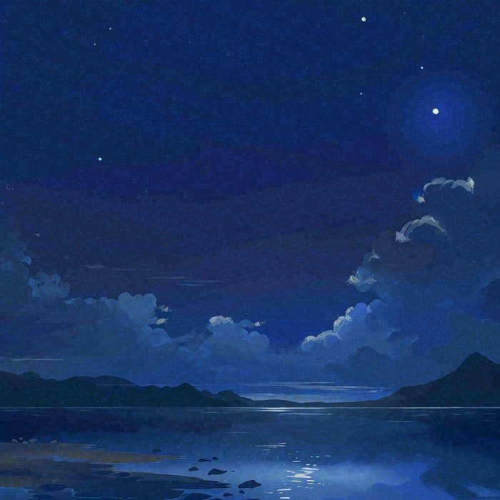 夜晚河面星空月亮唯美夜景扁平插画手绘(1024x1024)
