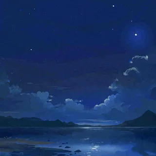 夜晚河面星空月亮唯美夜景扁平插画手绘