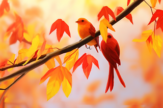 秋天树枝上站着的小鸟金红树叶插画素材背景 