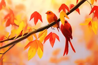 秋天树枝上站着的小鸟金红树叶插画素材背景 