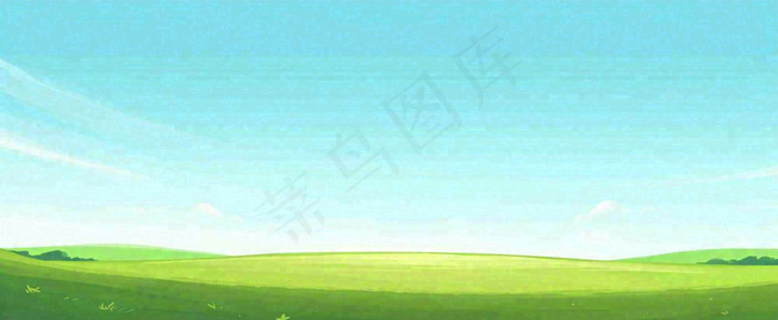卡通手绘绿色草坡蓝天白云，春天，儿童节，春游，春分