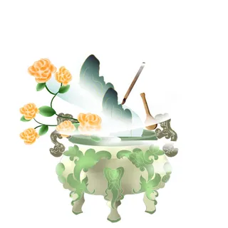 时尚微景观山水装饰庭院祥云中式国潮风插图插画元素素材设计模板