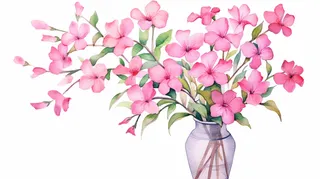 花瓶装的粉色花枝卡通插画素材