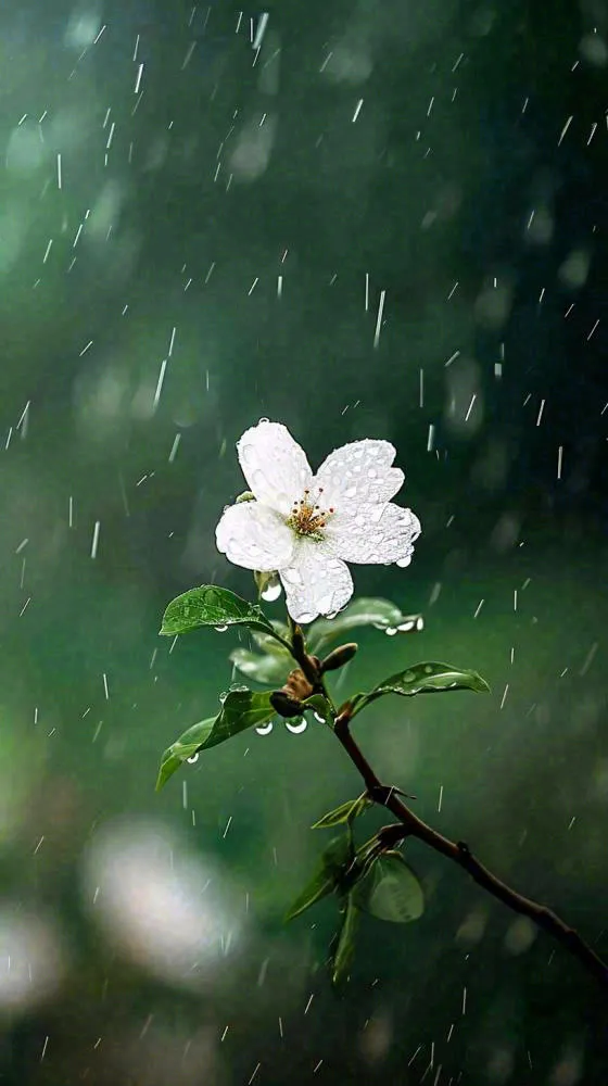 春天白色花朵枝叶在雨中，新鲜绿叶鲜花，雨水谷雨摄影图(816x1456)