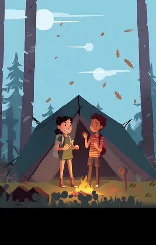 户外野外森林草原露营人们卡通插画背景