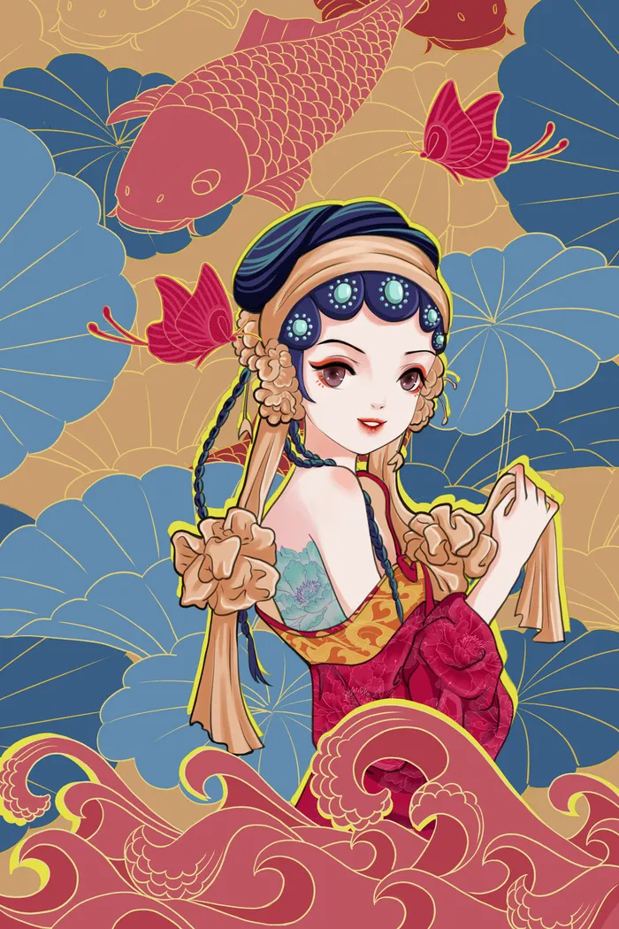 创意大气国潮风美女插画海报psd模版下载