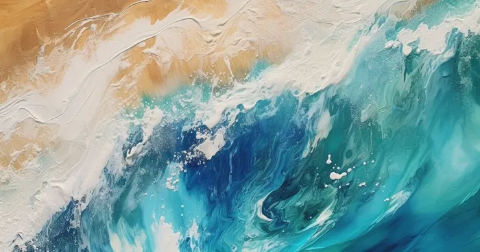 海浪拍打沙滩的水彩插画背景(4560x2400)