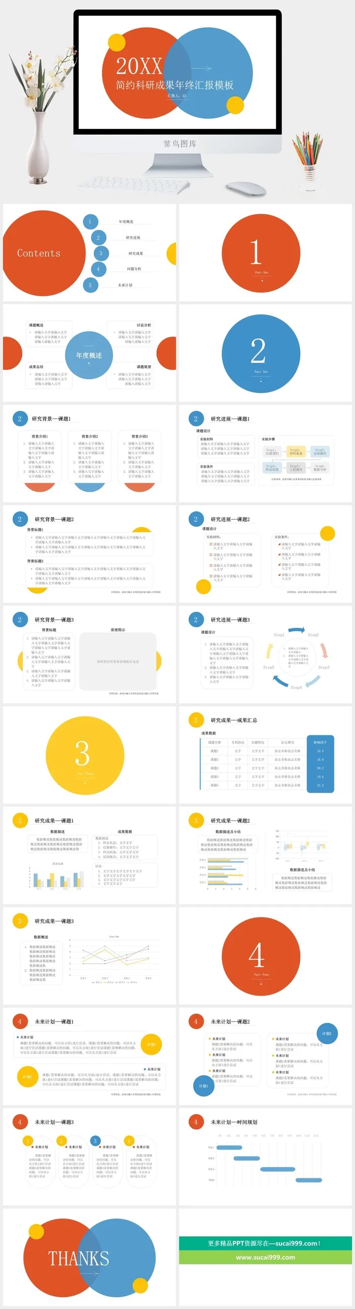 红黄蓝简约几何风科研成果年终汇报ppt模板
