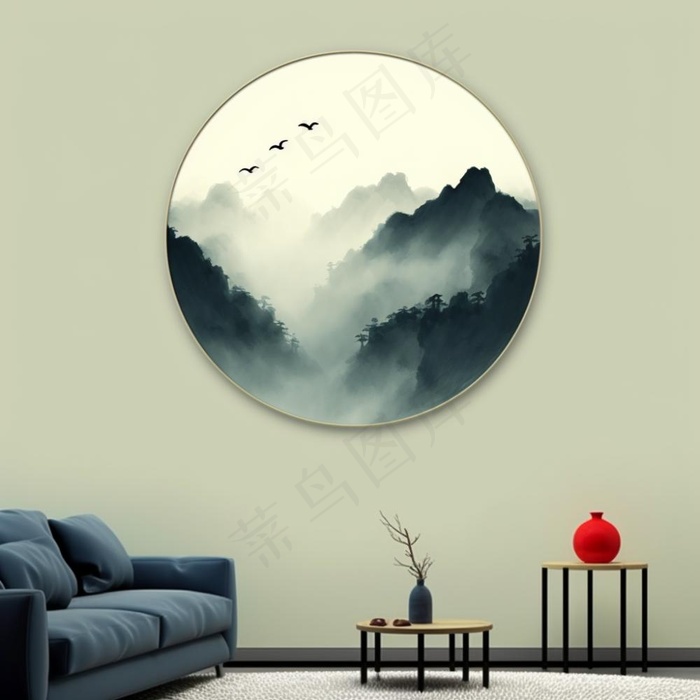 室内家居壁画山水画静雅背景