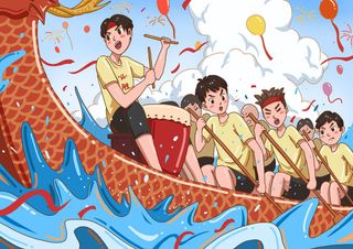国潮风中国传统节日端午节赛龙舟粽子场景插画海报PSD设计素材