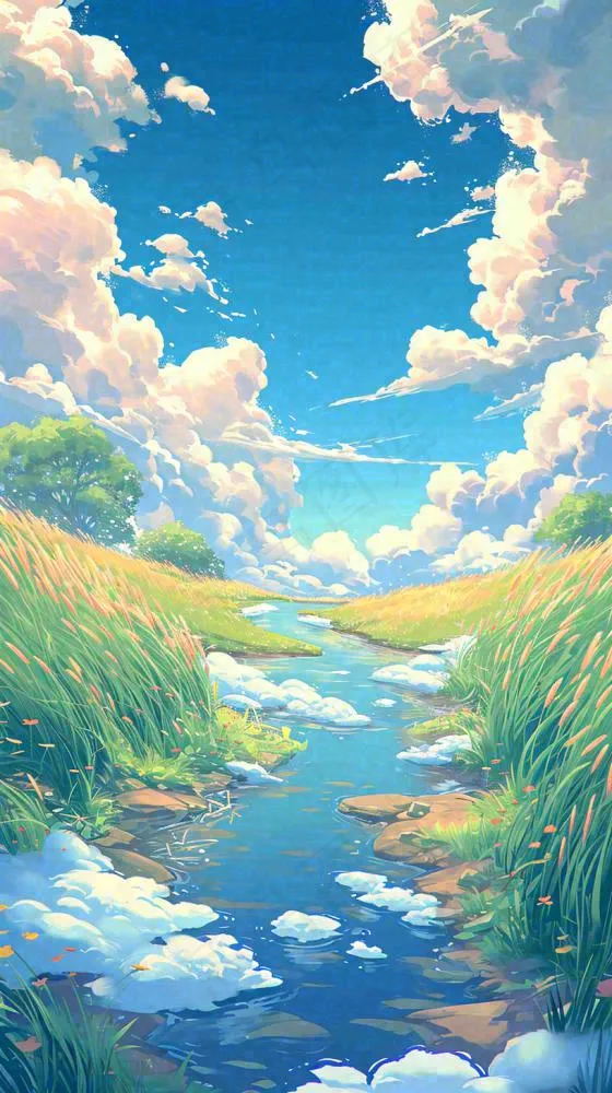 蓝天白云草地溪流春天阳光灿烂的日子春分春风，插画手绘(816x1456)
