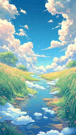 蓝天白云草地溪流春天阳光灿烂的日子春分春风，插画手绘