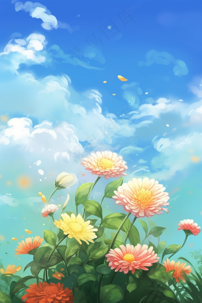 花丛花朵蓝天白云插画