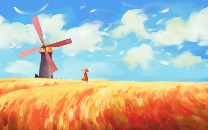 秋天麦田里的女孩背影插画背景(1376x864)
