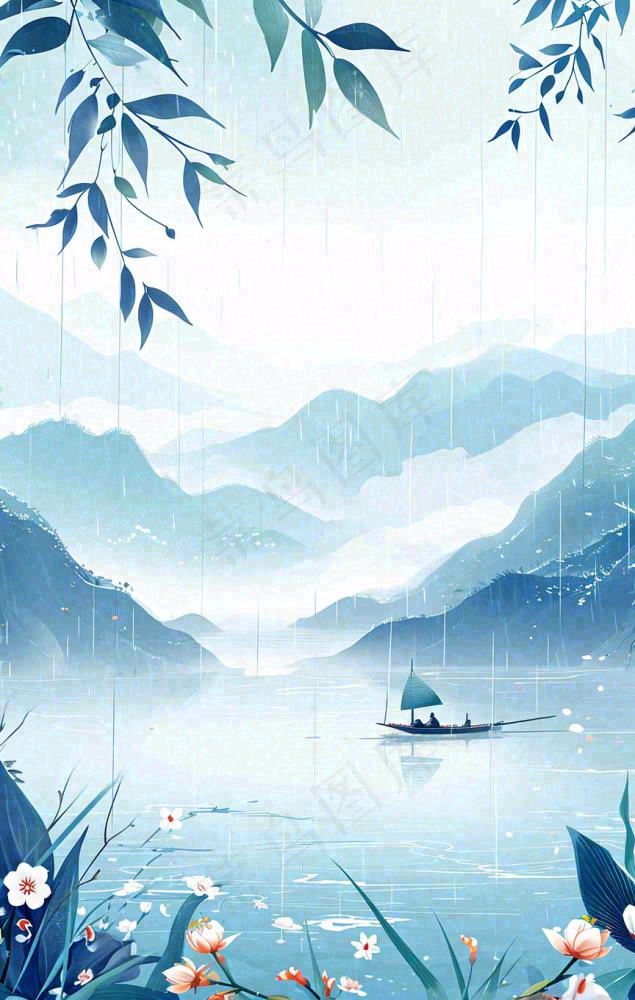 春天雨天湖面山脉小船植物花朵，雨水谷雨(864x1360)