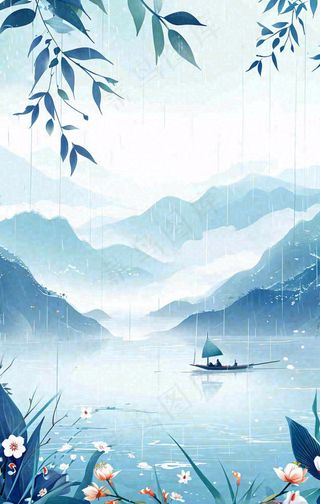 春天雨天湖面山脉小船植物花朵，雨水谷雨