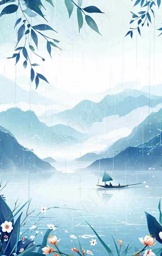 春天雨天湖面山脉小船植物花朵，雨水谷雨