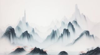 大气写意中国传统水墨画山水插画壁纸-登仙