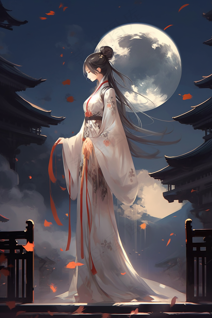 古风古装少女国风画风月亮发丝插画素材(x)