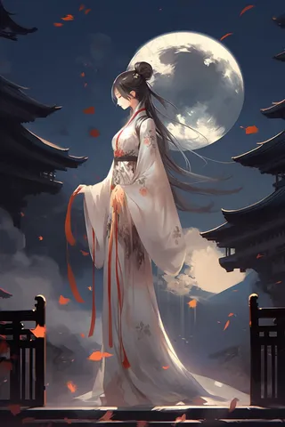 古风古装少女国风画风月亮发丝插画素材