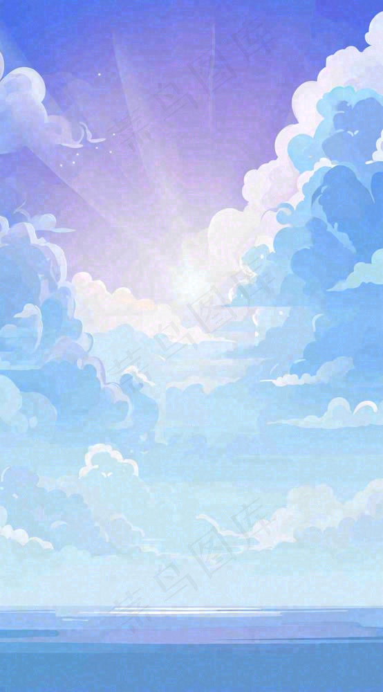 粉蓝渐变天空白云简约温馨，阳光海面海洋扁平插画(816x1472)