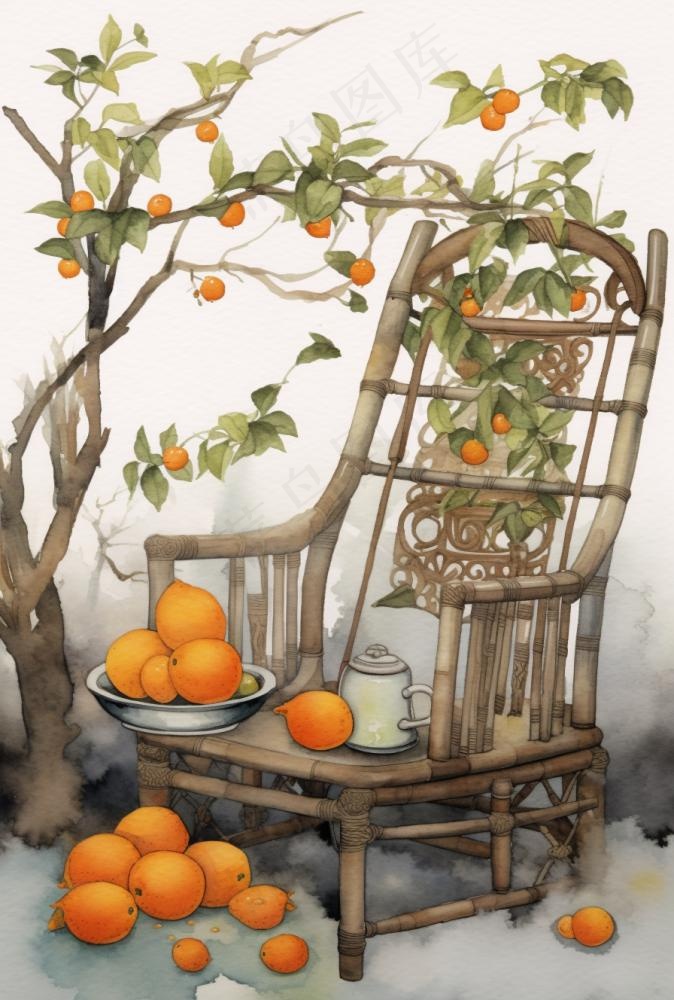 古风橘子树藤椅插画背景(896x1328)