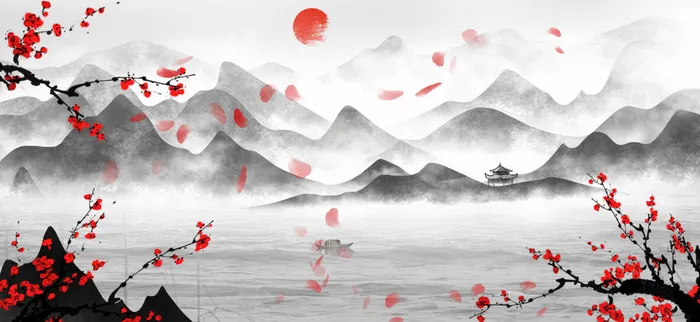 梅花湖水山川画PSD素材psd模版下载