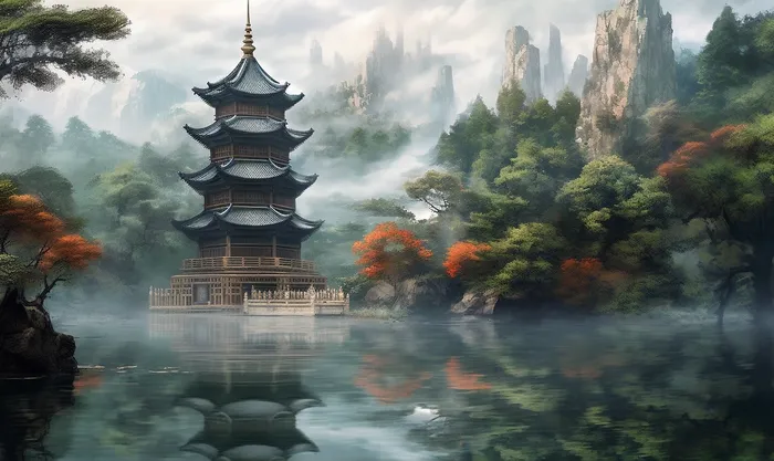 宝塔倒映在树木旁边的水中的山景(4272x2544)