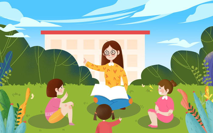 户外教师与学生绘画PSD素材