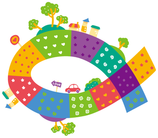 卡通彩色路房子树素材