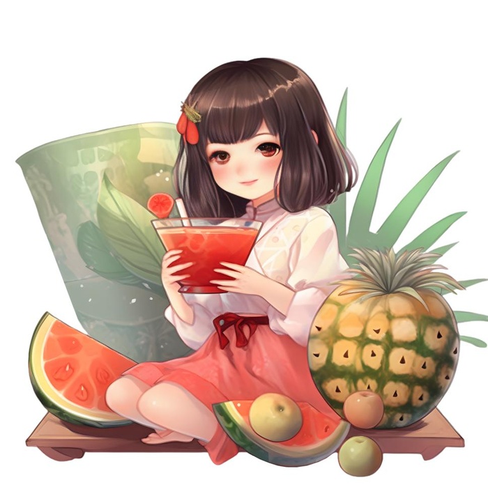 夏日西瓜冰饮水果女孩人物免抠(1842x1900)