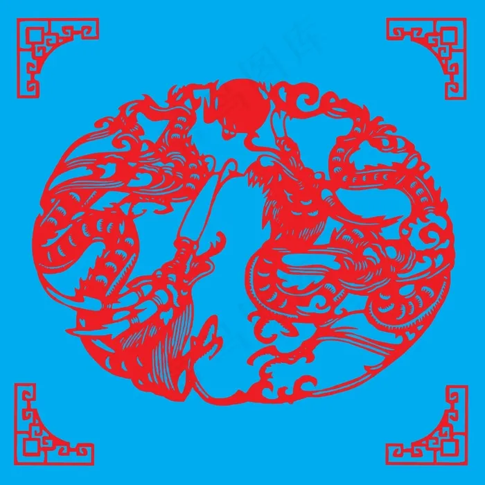 双龙戏珠剪纸 剪纸风元素ai矢量模版下载