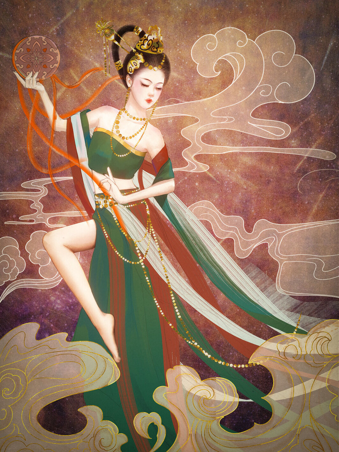 复古中国风国潮神话人物敦煌插画仙女手绘海报背景PSD设计素材psd模版下载