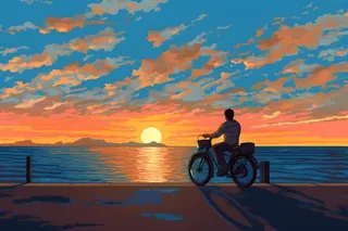 夕阳下骑自行车海边背景