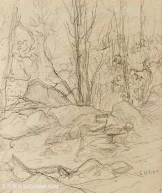 柯罗手绘简约线条树木装饰画