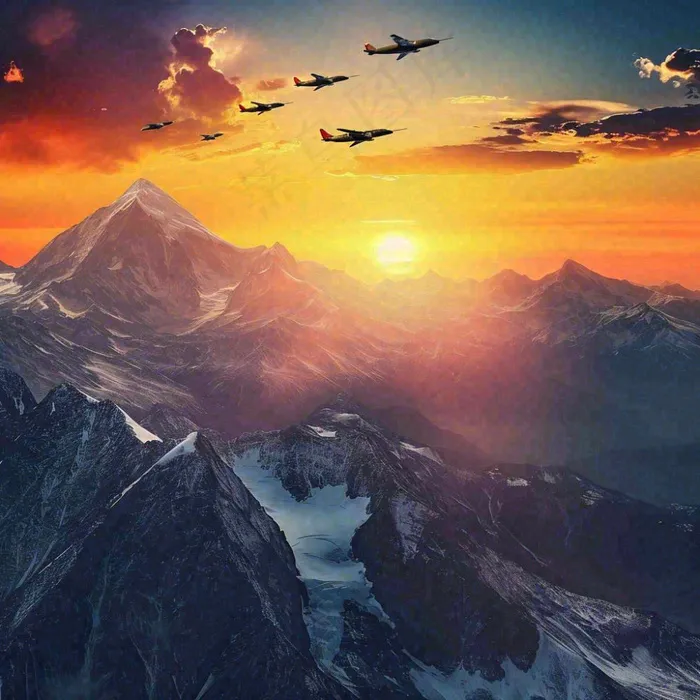 落日下的连绵山脉，飞机战斗机，冰川云海(1024x1024)