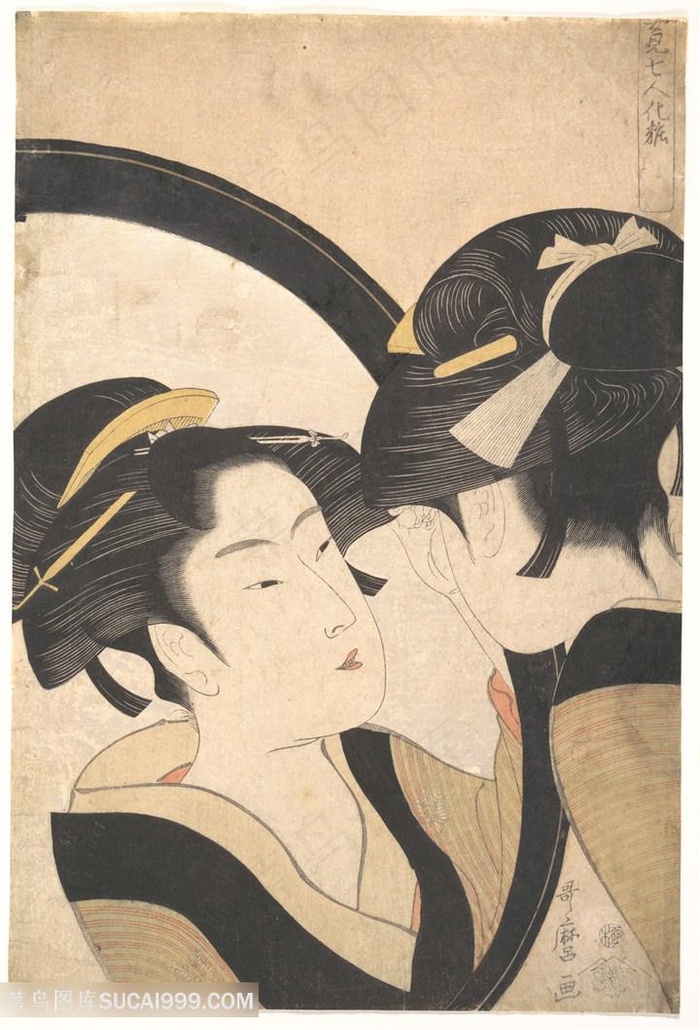 喜多川歌磨手绘照镜子美女装饰画