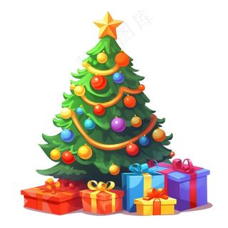 圣诞树装饰礼物节日卡通插画免抠