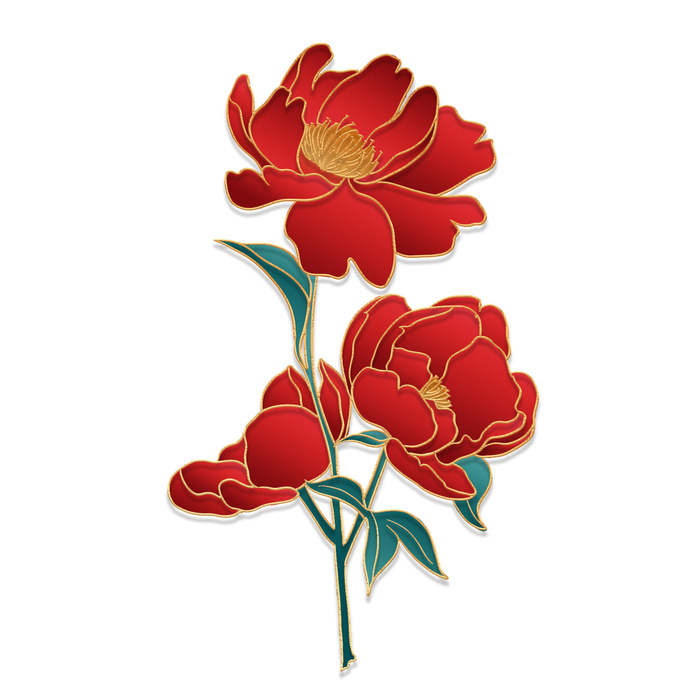 国潮风立体浮雕金边手绘花朵花卉PSD设计PNG免扣图片元素素材psd模版下载