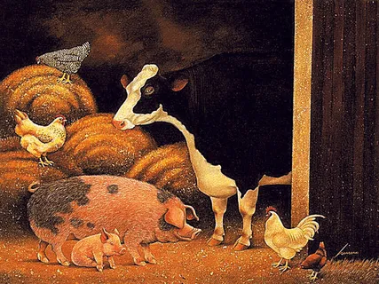 唯美家禽奶牛猪油画