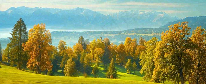 秋天山脉秋叶树木，秋分摄影图(1712x704)